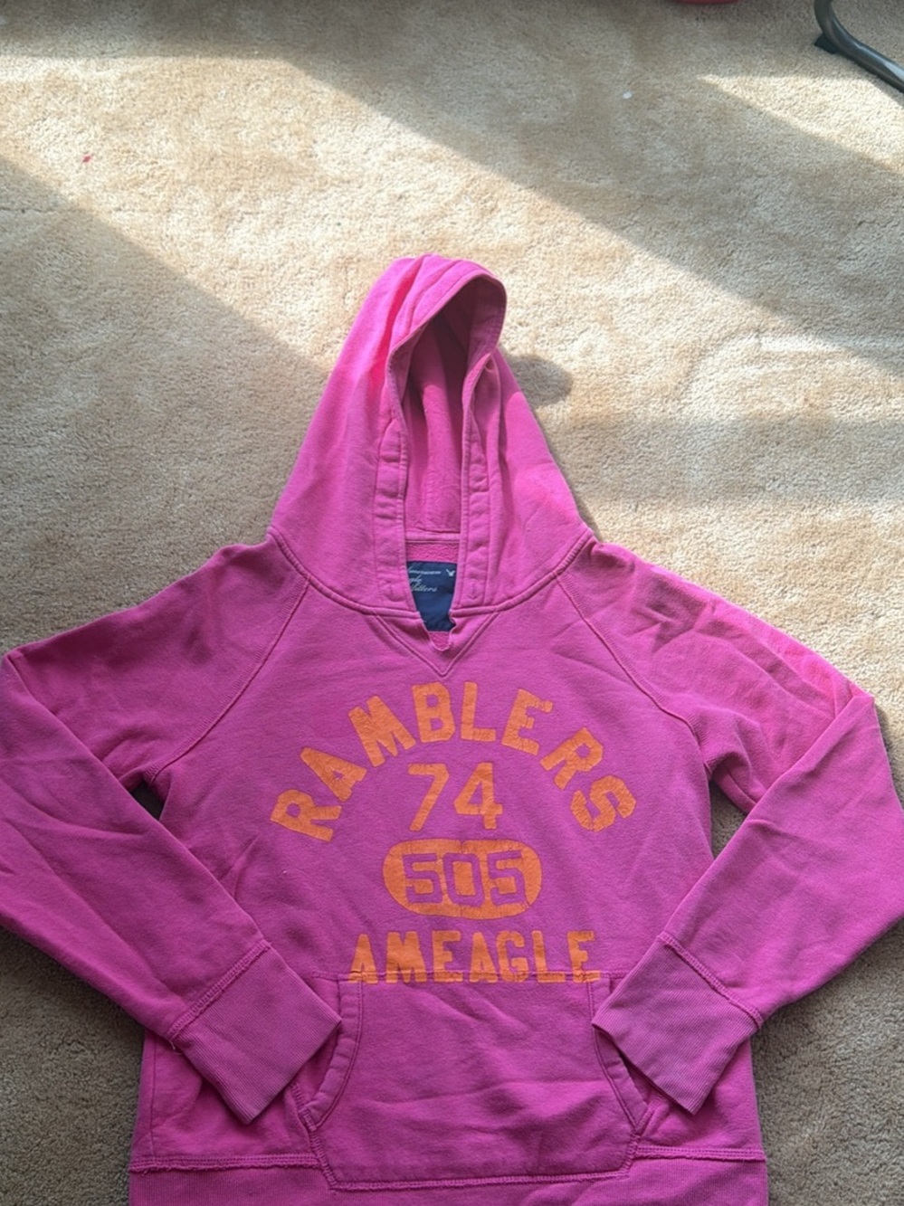 American Eagle Outfitters Pink Hoodie with Orange Ramblers Graphic